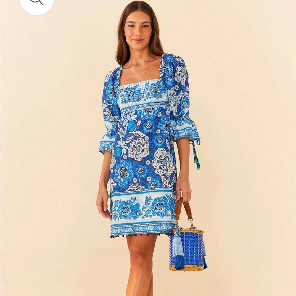 FUN Blue Full Of Flowers Mini Dress by Farm Rio! Tassle Hem, Tie Sleeves, Sz M